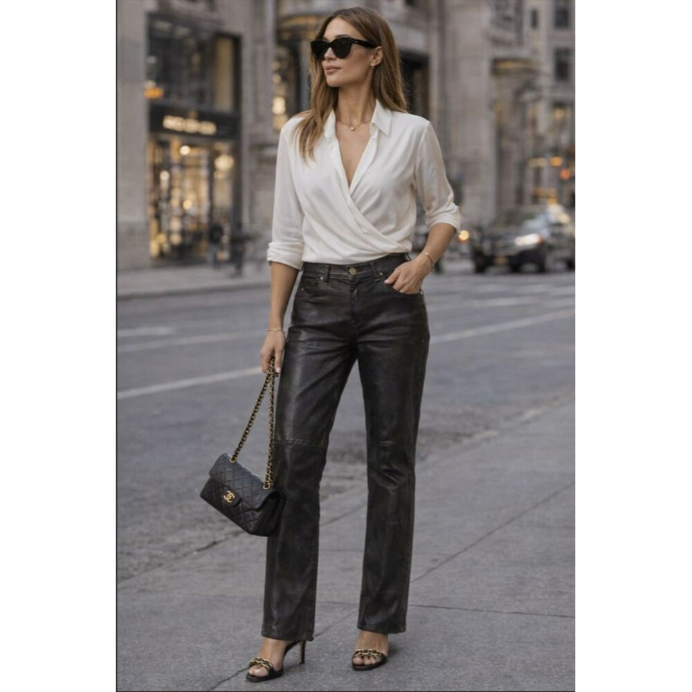 GOLDSIGN Leather Pant Womens sz 29 Brown Bootcut Classic Fit Luxe Old Money Chic